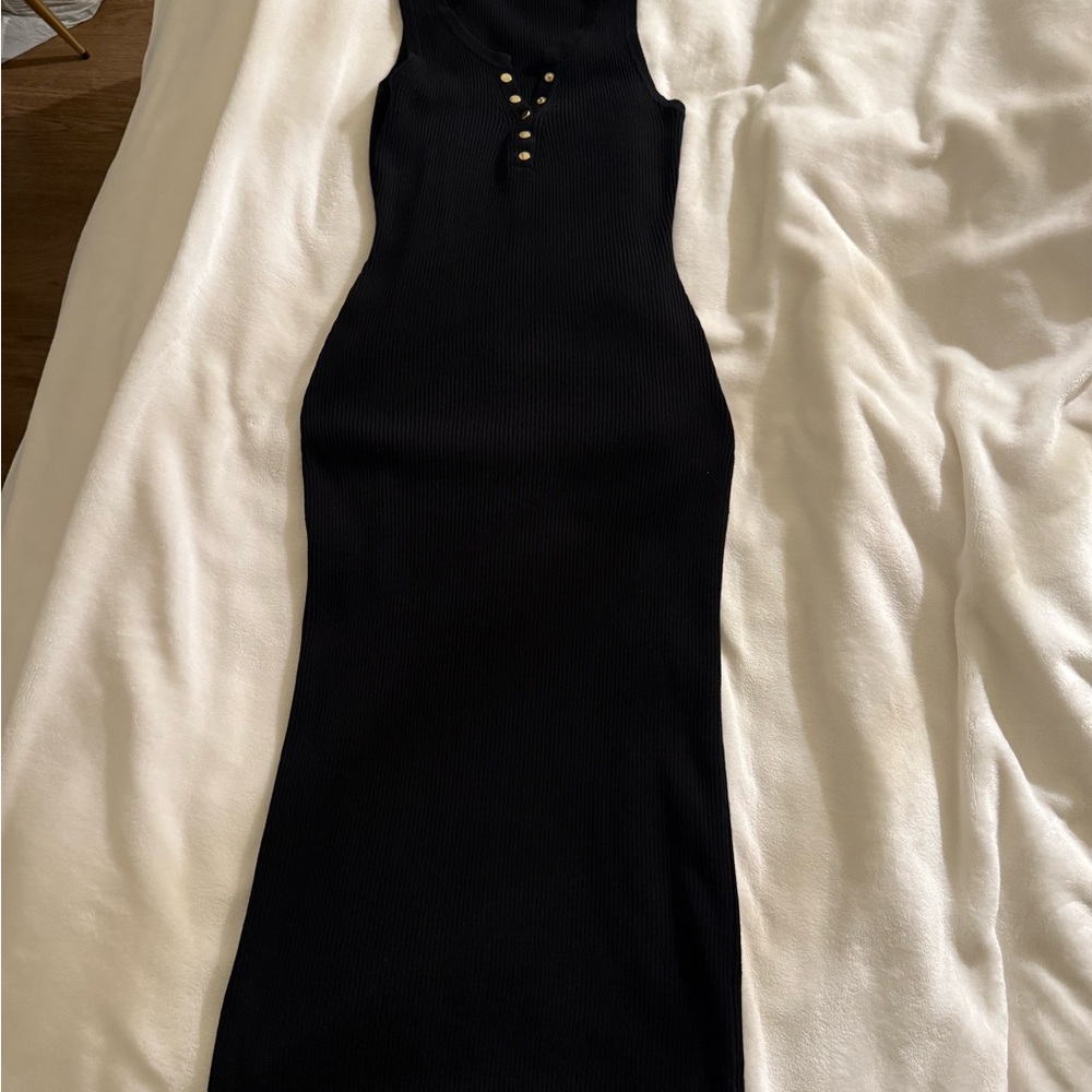 Black Ribbed Sleeveless Dress with Button Detail